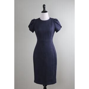 CALVIN KLEIN Solid Blue Soft Faux Suede Pleated Sleeve Sheath Dress Size 2